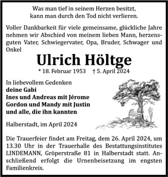 Traueranzeige von Ulrich Höltge von Volksstimme Halberstadt
