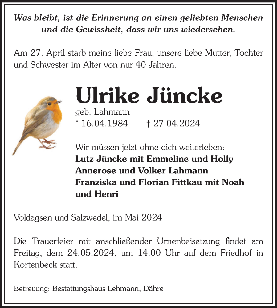  Traueranzeige für Ulrike Jüncke vom 30.04.2024 aus Volksstimme Altmark West