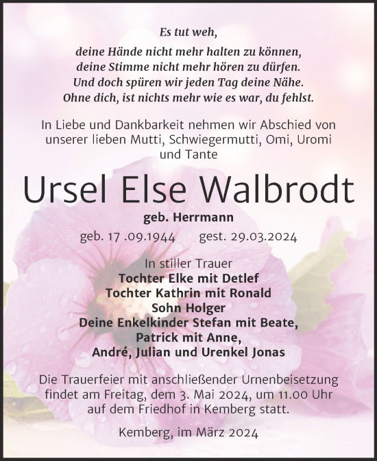 Traueranzeige von Ursel Else Walbrodt von Trauerkombi Wittenberg