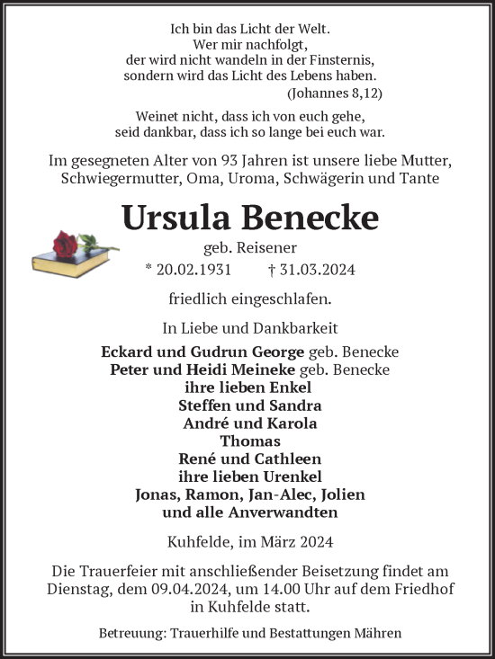 Traueranzeige von Ursula Benecke von Volksstimme Altmark West