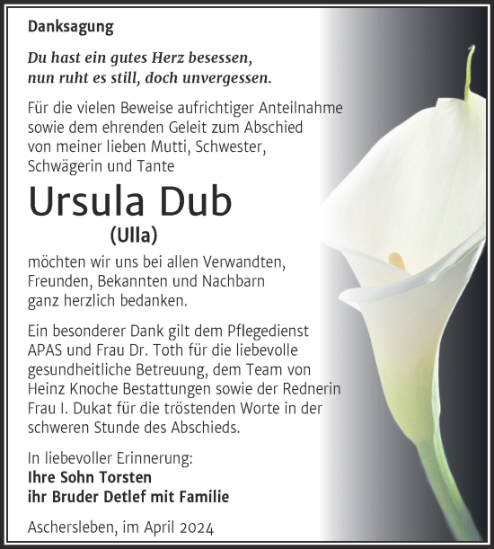 Traueranzeige von Ursula Dub von Trauerkombi Aschersleben