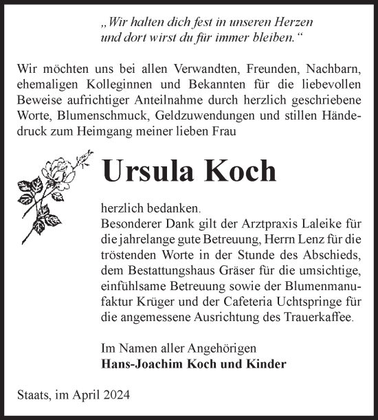 Traueranzeige von Ursula Koch von Volksstimme Altmark Ost