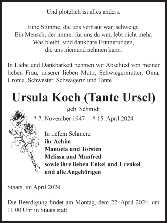 Traueranzeige von Ursula Koch von Volksstimme Altmark Ost