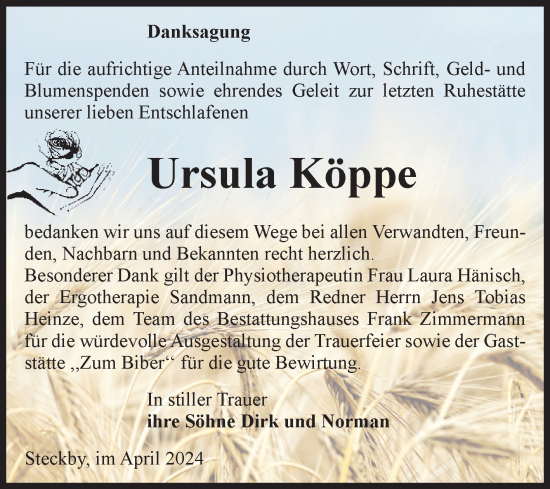 Traueranzeige von Ursula Köppe von Volksstimme Zerbst