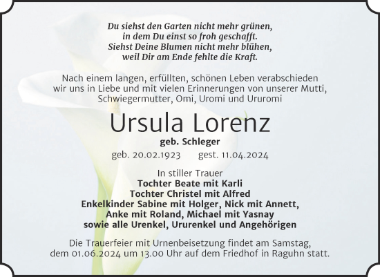 Traueranzeige von Ursula Lorenz von Trauerkombi Bitterfeld