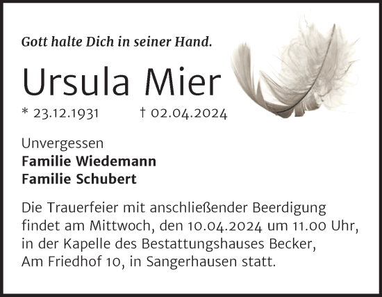 Traueranzeige von Ursula Mier von Mitteldeutsche Zeitung Sangerhausen