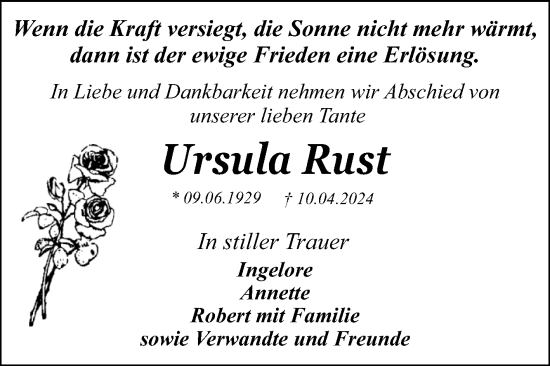 Traueranzeige von Ursula Rust von Trauerkombi Dessau