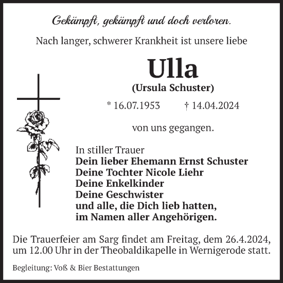 Traueranzeige von Ursula Schuster von Volksstimme Wernigerode