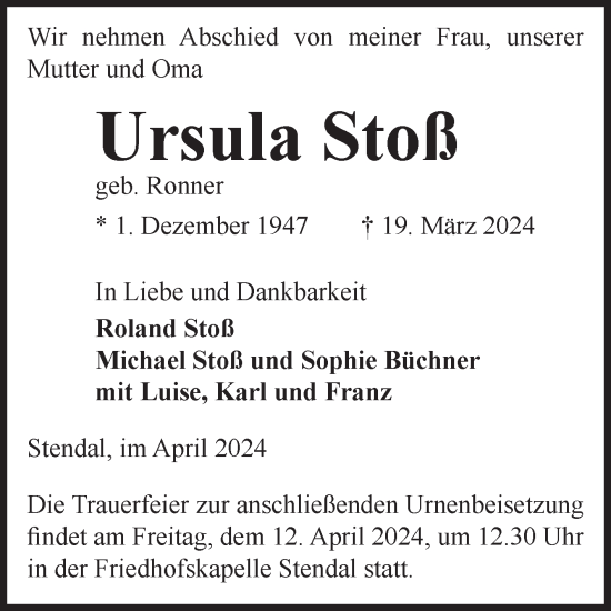 Traueranzeige von Ursula Stoß von Volksstimme Altmark Ost