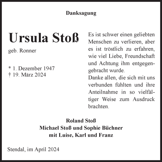 Traueranzeige von Ursula Stoß von Volksstimme Altmark Ost