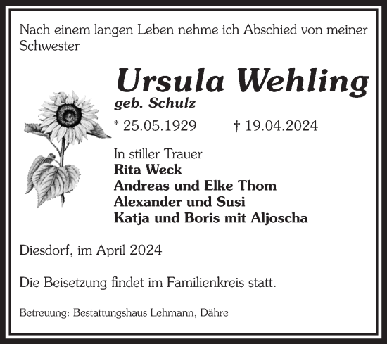 Traueranzeige von Ursula Wehling von Volksstimme Altmark West
