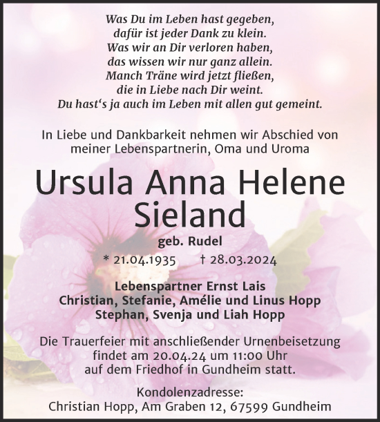 Traueranzeige von Ursula Anna Helene Sieland von Trauerkombi Sangerhausen
