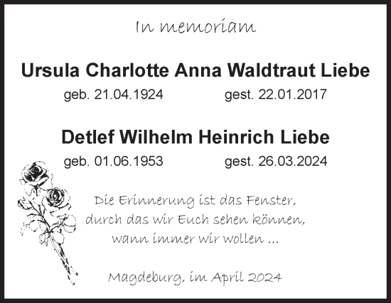 Traueranzeige von Ursula Charlotte Anna Waldtraut und Detlef Wilhelm Heinrich Liebe von Volksstimme Magdeburg