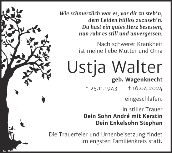 Traueranzeige von Ustja Walter von Super Sonntag Wittenberg
