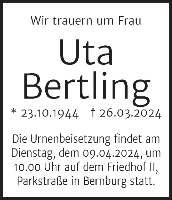 Traueranzeige von Uta Bertling von Trauerkombi Bernburg