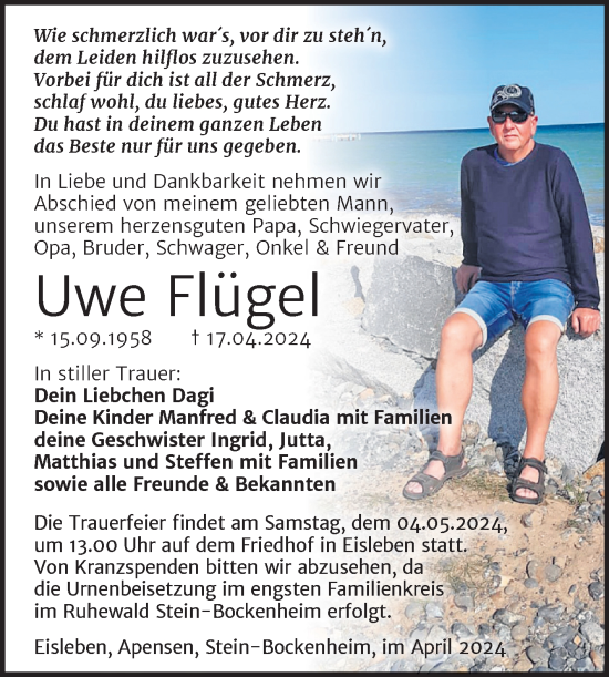 Traueranzeige von Uwe Flügel von Trauerkombi Mansfelder Land