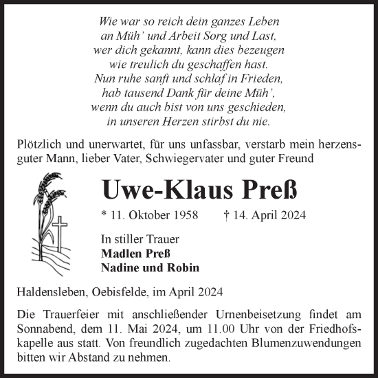 Traueranzeige von Uwe-Klaus Preß von Volksstimme Haldensleben/Wolmirstedt