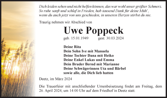 Traueranzeige von Uwe Poppeck von Volksstimme Zerbst