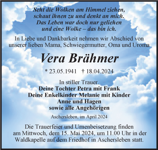 Traueranzeige von Vera Brähmer von Trauerkombi Aschersleben