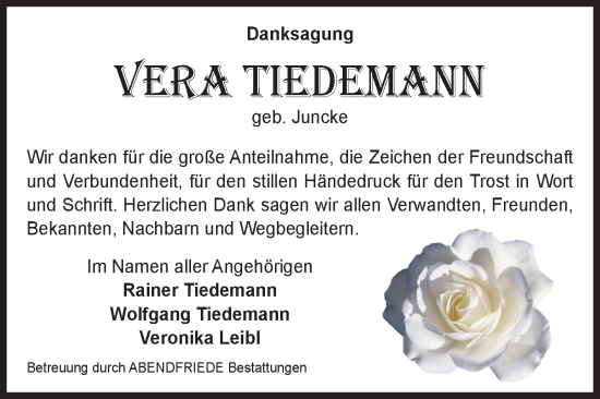 Traueranzeige von Vera  Tiedemann von Volksstimme Magdeburg