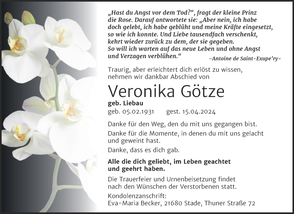  Traueranzeige für Veronika Götze vom 22.04.2024 aus Trauerkombi Sangerhausen