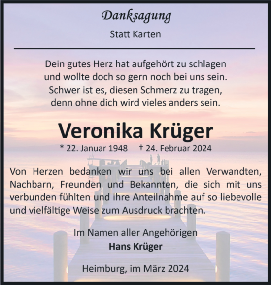 Traueranzeige von Veronika Krüger von Volksstimme Wernigerode