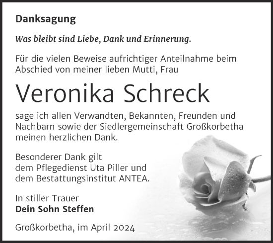 Traueranzeige von Veronika Schreck von Trauerkombi Weißenfels