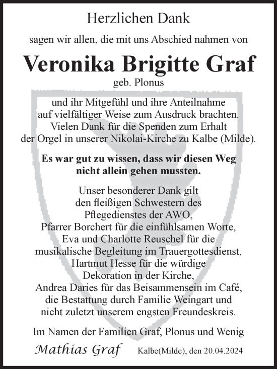 Traueranzeige von Veronika Brigitte Graf von Volksstimme Altmark West