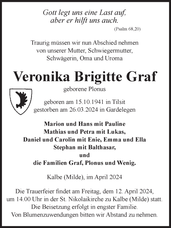 Traueranzeige von Veronika Brigitte Graf von Volksstimme Altmark West