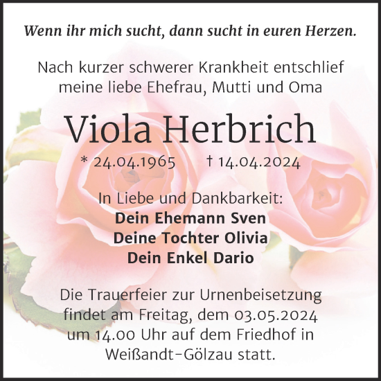 Traueranzeige von Viola Herbrich von Trauerkombi Köthen