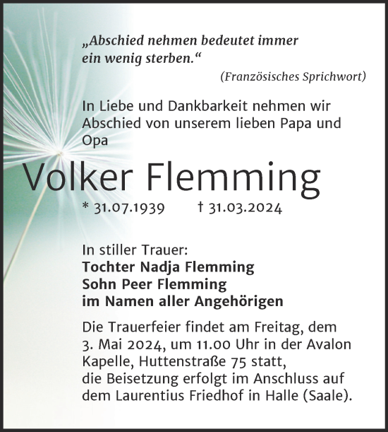 Traueranzeige von Volker Flemming von Mitteldeutsche Zeitung Halle/Saalkreis