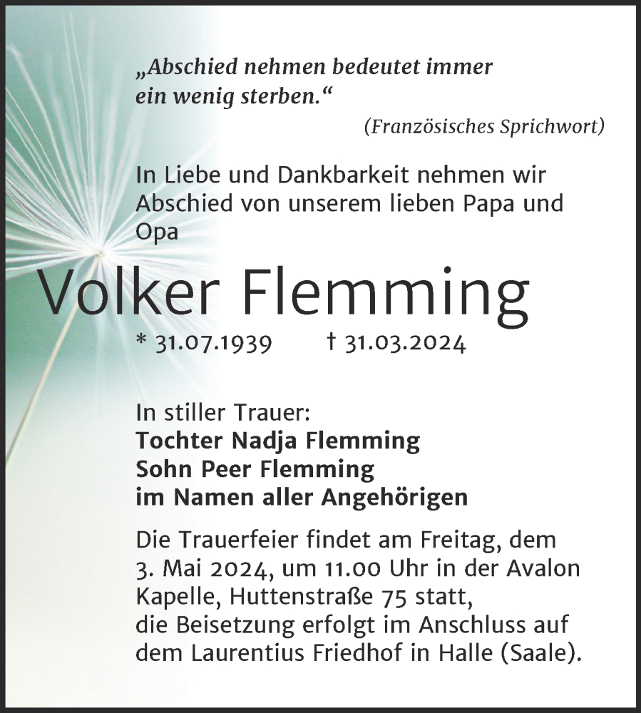  Traueranzeige für Volker Flemming vom 13.04.2024 aus Mitteldeutsche Zeitung Halle/Saalkreis