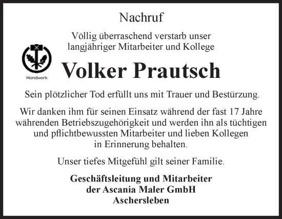 Traueranzeige von Volker Prautsch von Super Sonntag Aschersleben