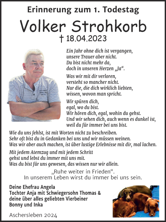 Traueranzeige von Volker Strohkorb von Trauerkombi Aschersleben