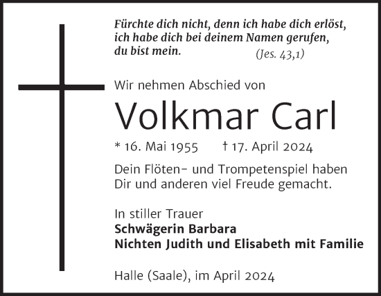 Traueranzeige von Volkmar Carl von Mitteldeutsche Zeitung Halle/Saalkreis