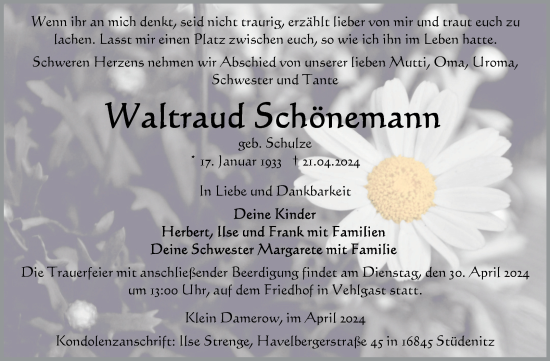 Traueranzeige von Wakraud Schönemann von Volksstimme Altmark Ost