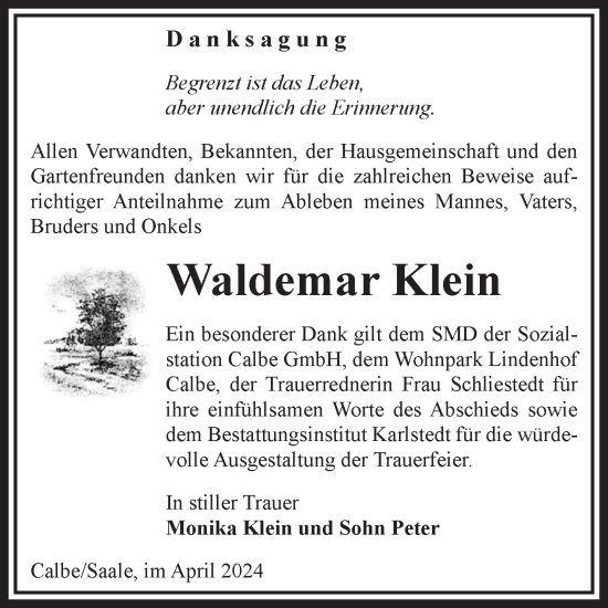 Traueranzeige von Waldemar Klein von Volksstimme Schönebeck