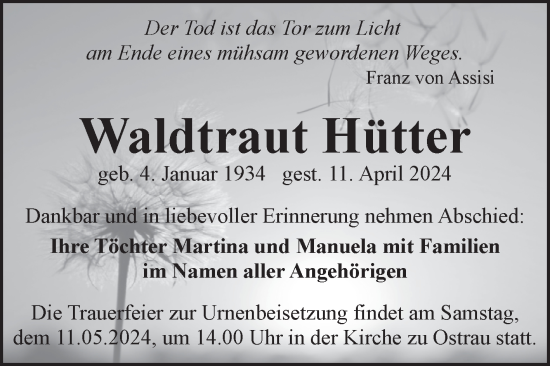 Traueranzeige von Waldtraut Hütter von Mitteldeutsche Zeitung Halle/Saalkreis