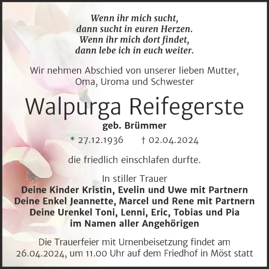 Traueranzeige von Walpurga Reifegerste von Trauerkombi Bitterfeld