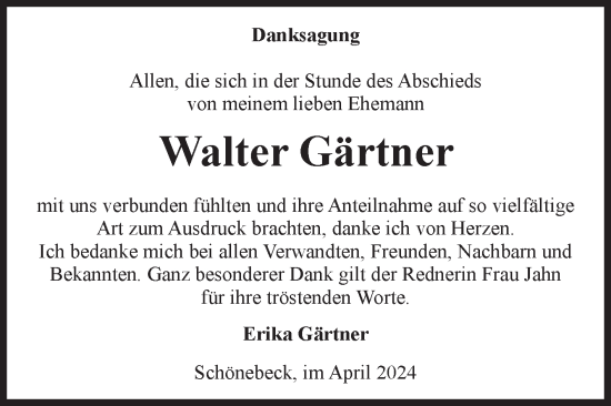 Traueranzeige von Walter Gärtner von Volksstimme Schönebeck