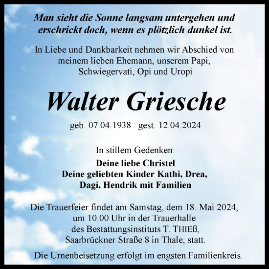 Traueranzeige von Walter Griesche von Mitteldeutsche Zeitung Quedlingburg