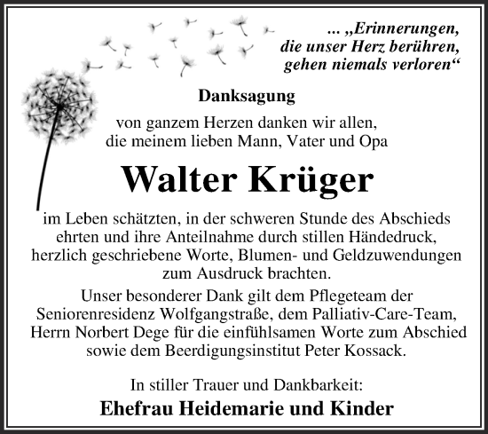 Traueranzeige von Walter Krüger von Trauerkombi Dessau