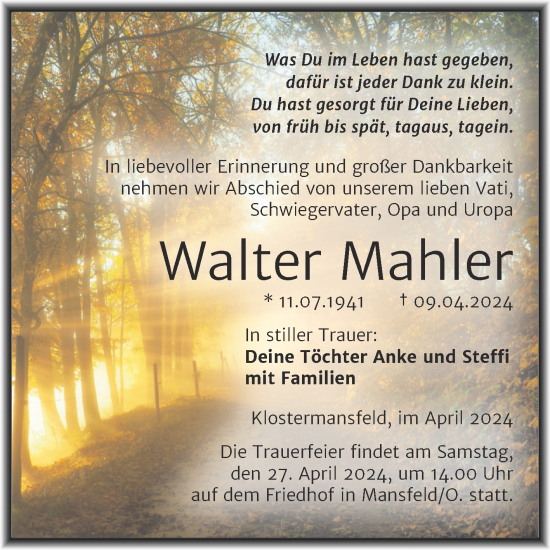Traueranzeige von Walter Mahler von Trauerkombi Mansfelder Land