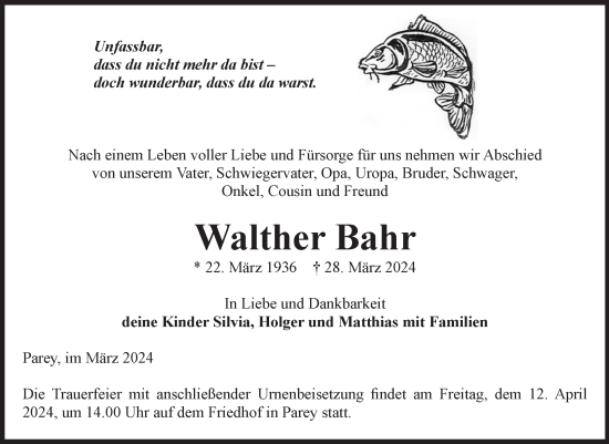 Traueranzeige von Walther Bahr von Volksstimme Burg/Genthin