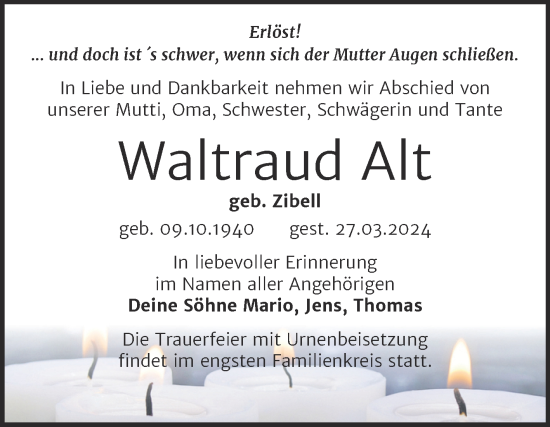 Traueranzeige von Waltraud Alt von Trauerkombi Wittenberg