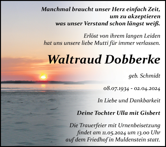 Traueranzeige von Waltraud Dobberke von Trauerkombi Bitterfeld