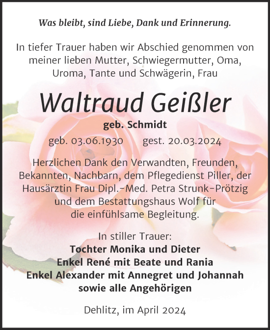 Traueranzeige von Waltraud Geißler von Trauerkombi Weißenfels