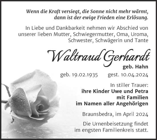 Traueranzeige von Waltraud Gerhardt 