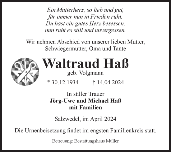 Traueranzeige von Waltraud Haß von Volksstimme Altmark West