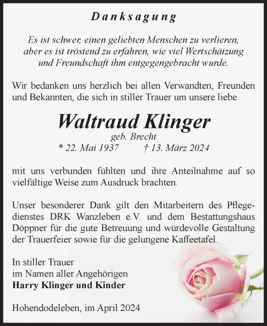 Traueranzeige von Waltraud Klinger von Volksstimme Oschersleben/Wanzleben